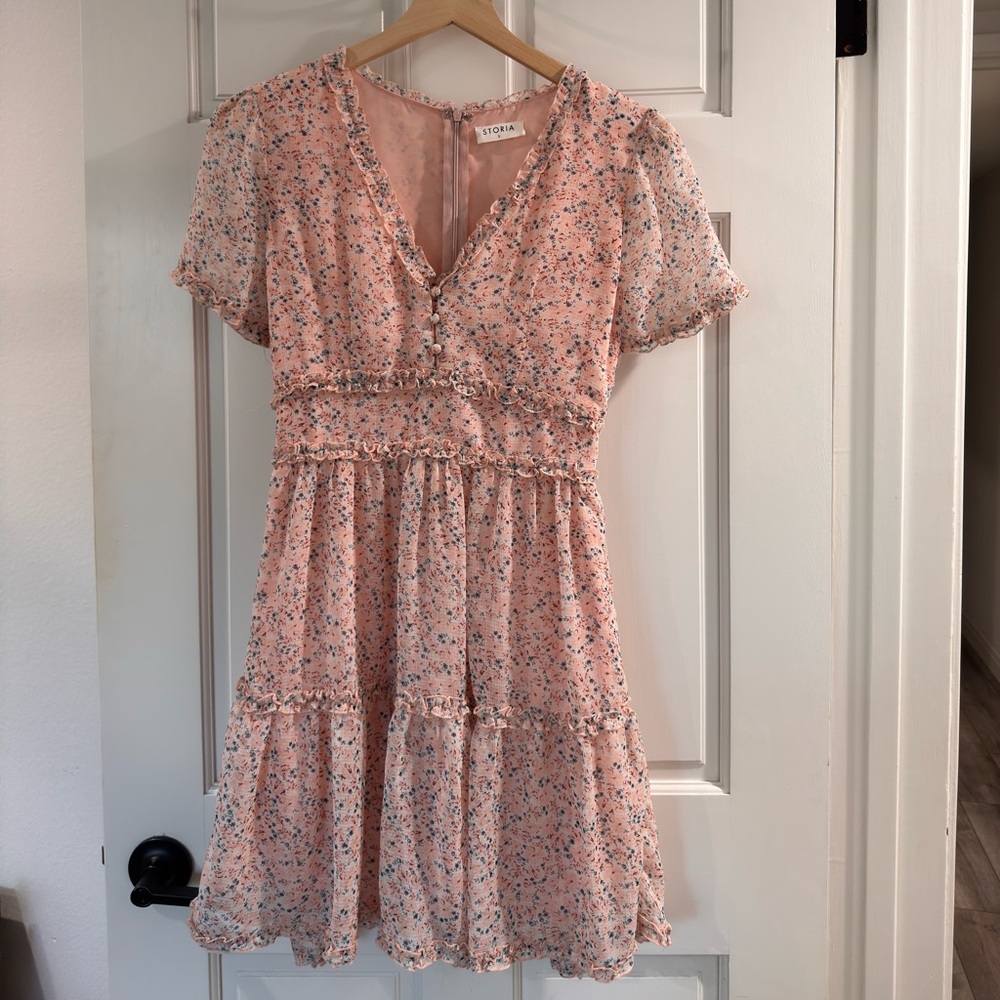 Storia Pink Smocked Tiered Midi Dress